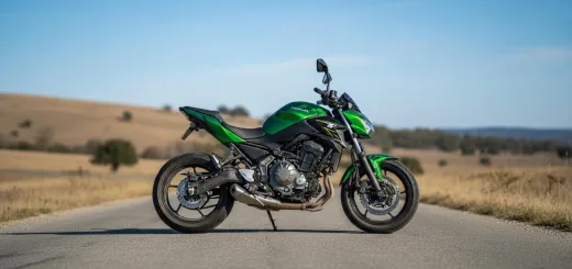 Вид сбоку мотоцикл Кавасаки Z650 с мотоциклистом