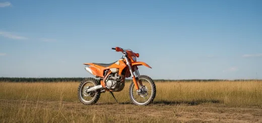 Рослый байкер Irbis XR250R на оранжевом байке в поле