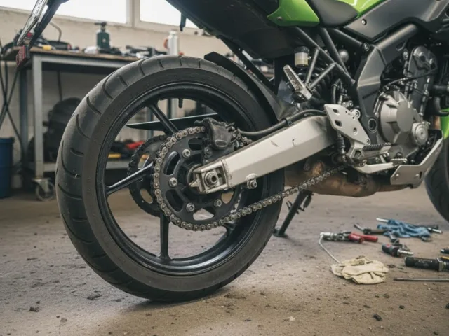 Цепная передача на заднем колесе мотоцикла Kawasaki KLE Versys 650 с удлиненным маятником