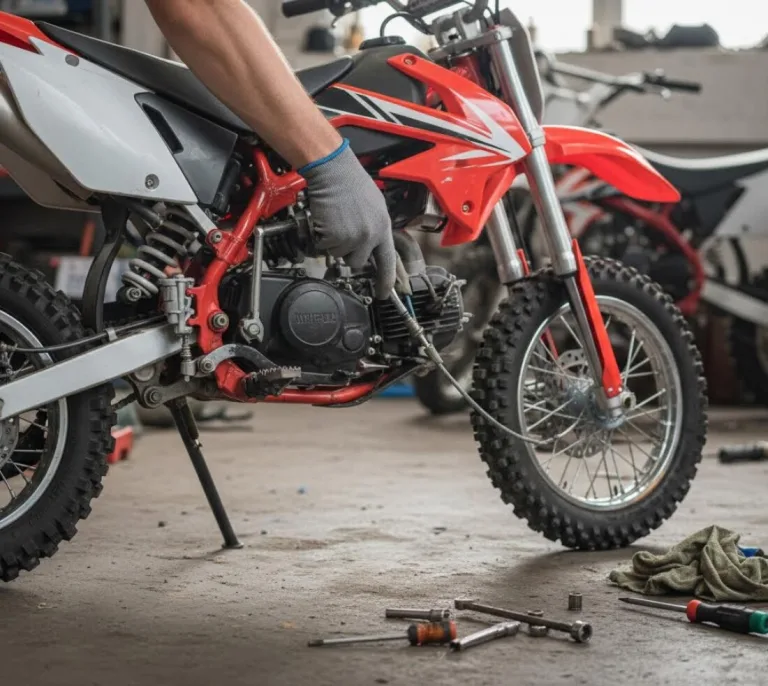 Затягивание контргайки механизма регулировки сцепления на ПИТбайке Regulmoto