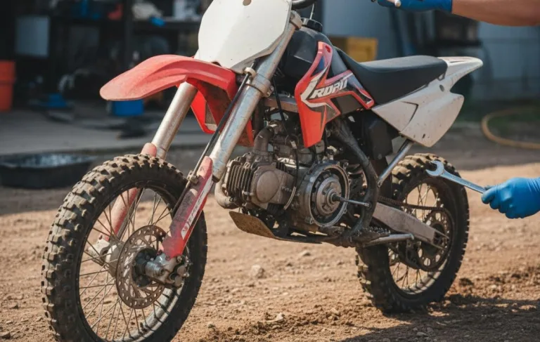 Питбайк RegulMoto 125 на выносе с снятой крышкой механизма регулировки сцепления