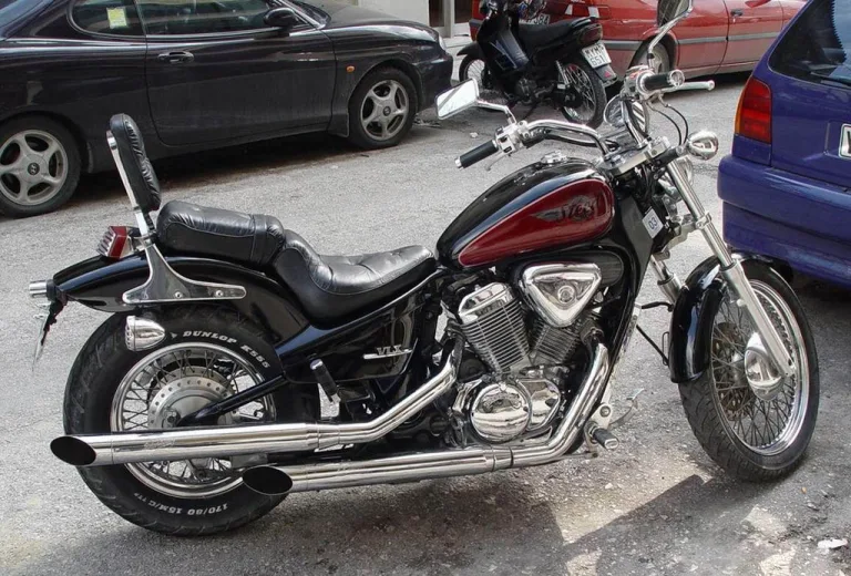 Вид сбоку японского круизера Honda Steed 400 с дополнительной спинкой для пассажира